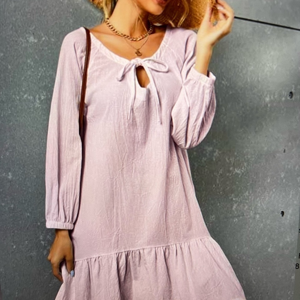 Vrkufie Woman Pink Tie- Neck Drop- Waist Dress, Size M